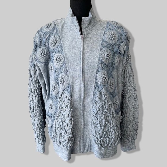 Vintage Lim's Pure Silk Embellished Denim Bomber Jacket - Picture 1 of 16